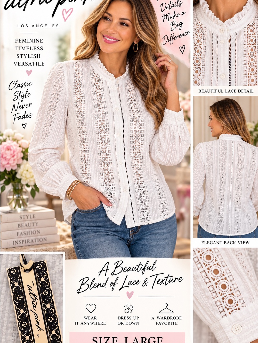 Lace-Detail Button-Front Blouse - White